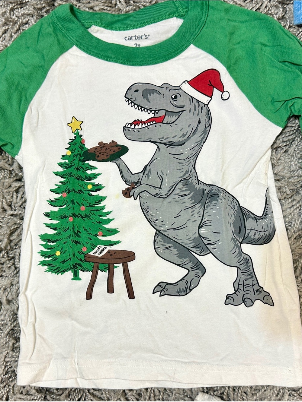 Carter's White Tee with Green Raglan Sleeves and Festive Dino Graphic